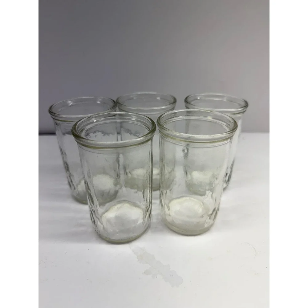 Vintage Clear Glass Jelly Jars Set of 5 Paneled Juice Tumblers 4 Inch